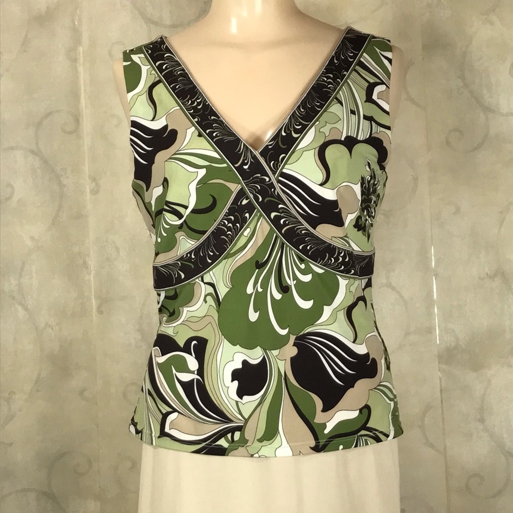Tahari Levine Bold Swirly Green Black White Top 8P
